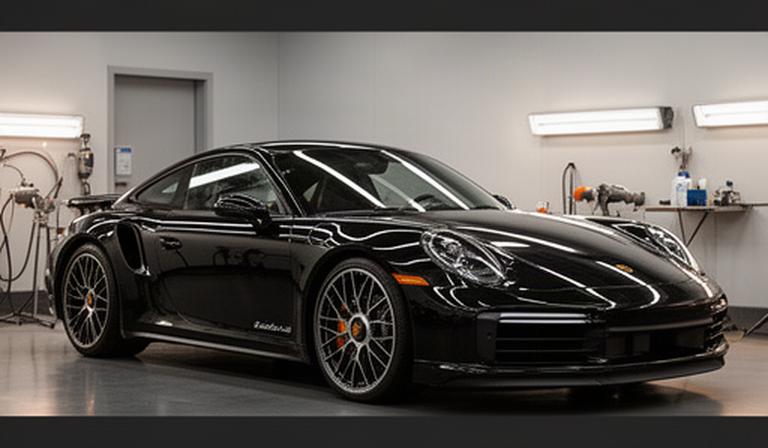 Schwarzer Porsche 911 Turbo S mit spiegelndem Lack unter Werkstattlicht