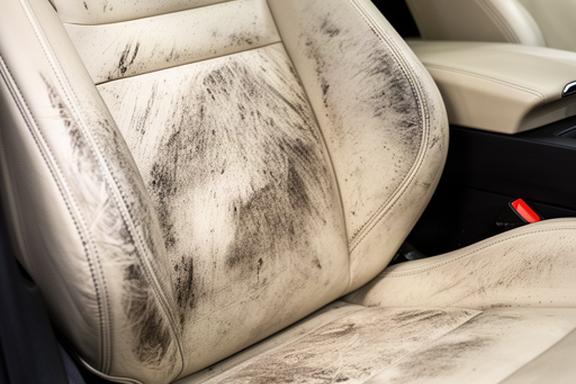 Verschmutzter heller Ledersitz mit dunklen Abriebspuren und Flecken im Fahrzeug