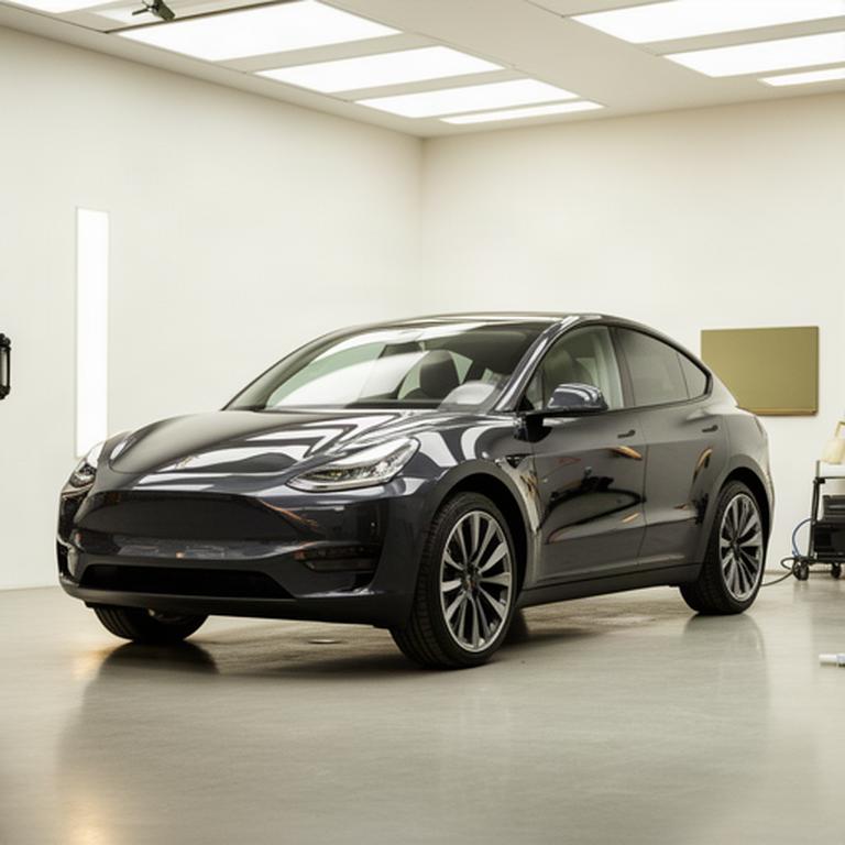 Dunkler Premium-Neuwagen in einer hellen Detailing-Halle mit glänzend versiegeltem Lack und sauberen Felgen