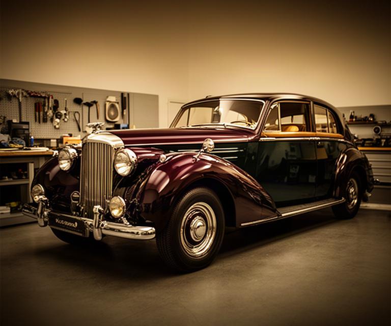 Klassischer Oldtimer mit tiefem Glanz in einer warm beleuchteten Aufbereitungswerkstatt