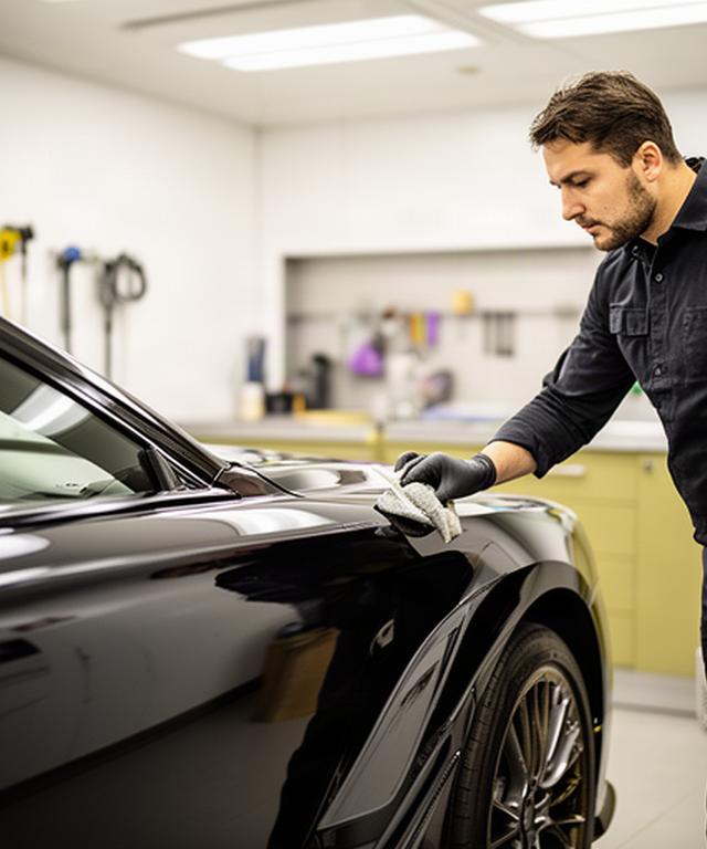 Detailer bei der sorgfältigen Lackkontrolle eines schwarzen Luxusfahrzeugs in einer hell beleuchteten Werkstatt